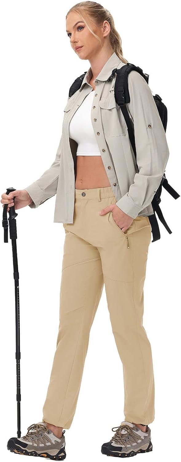 imageTBMPOY Womens Lightweight Hiking Pants Water Resistant Quick Dry Travel Work Outdoor Fishing Pants Zipper PocketsLight Khaki