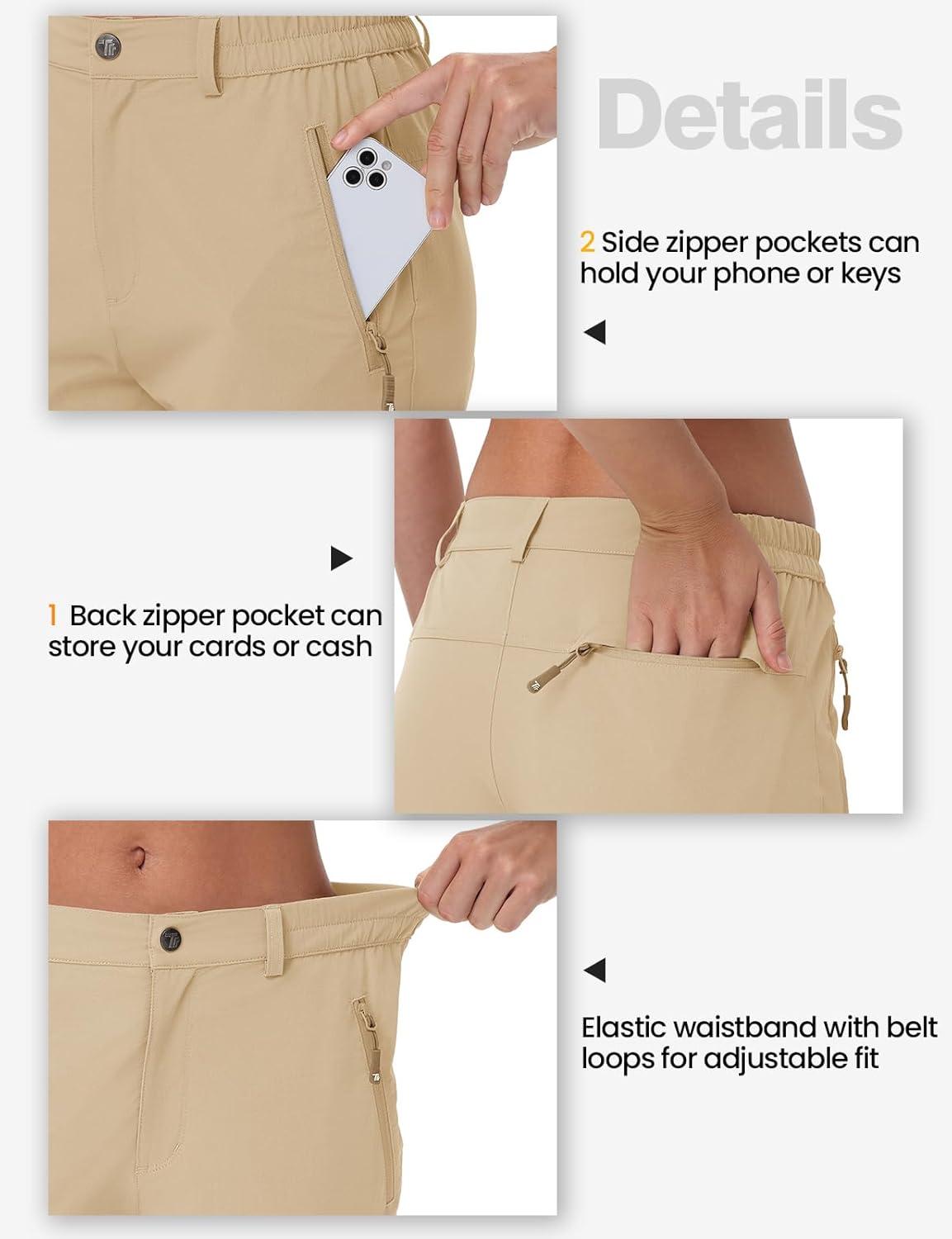 imageTBMPOY Womens Lightweight Hiking Pants Water Resistant Quick Dry Travel Work Outdoor Fishing Pants Zipper PocketsLight Khaki