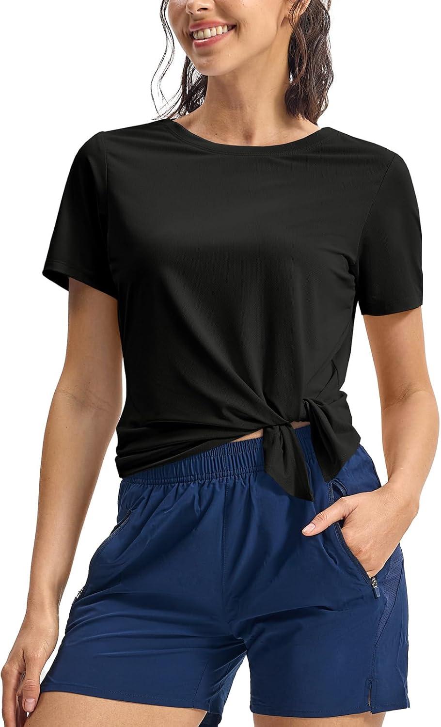 imageTBMPOY Womens Short Sleeve Workout Tops TShirts Breathable Quick Dry UPF 30 Athletic Exercise Tee Shirts with Side SlitsBlack