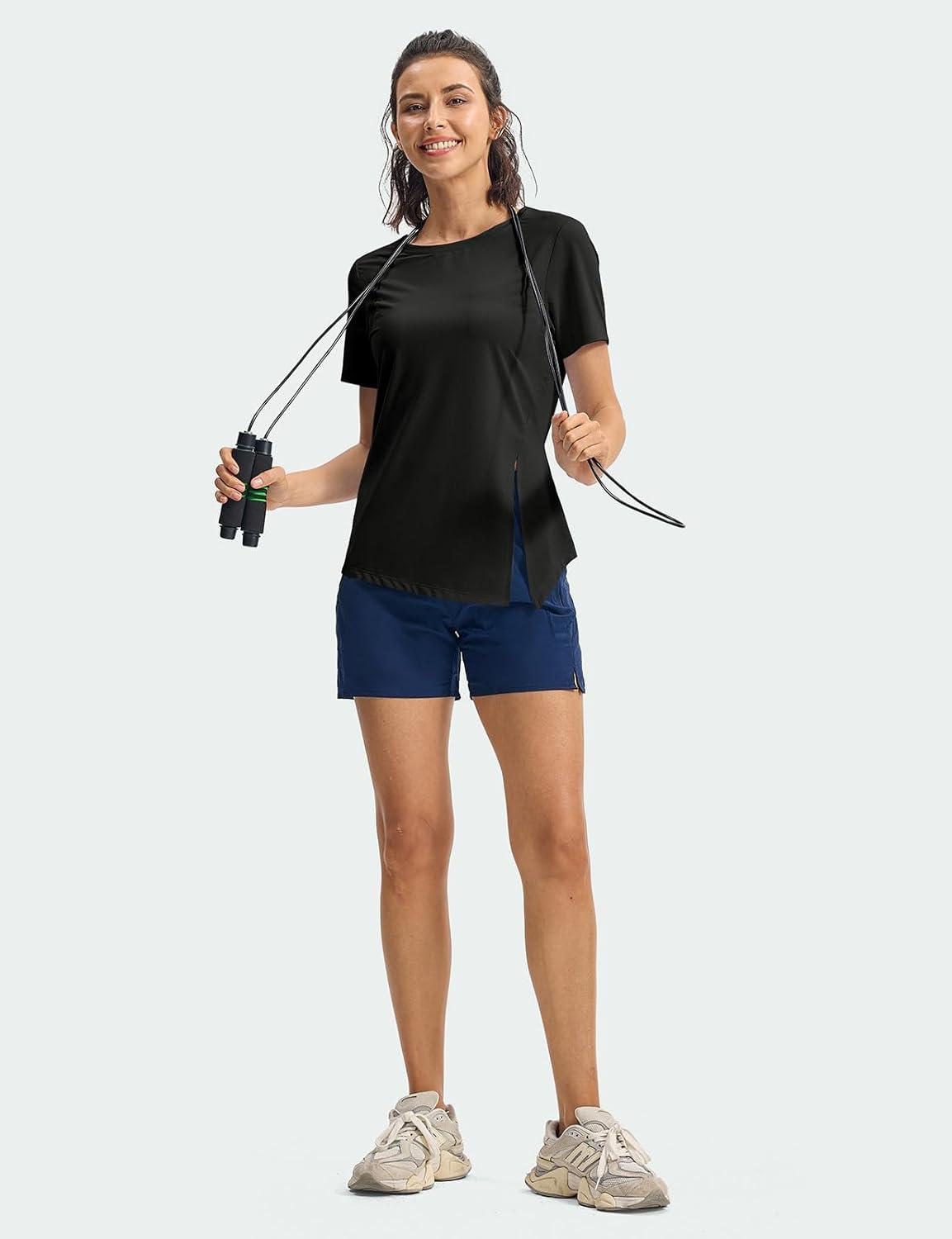 imageTBMPOY Womens Short Sleeve Workout Tops TShirts Breathable Quick Dry UPF 30 Athletic Exercise Tee Shirts with Side SlitsBlack