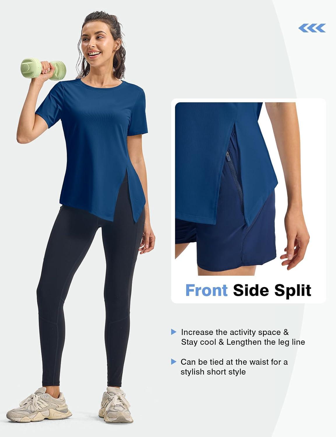 imageTBMPOY Womens Short Sleeve Workout Tops TShirts Breathable Quick Dry UPF 30 Athletic Exercise Tee Shirts with Side SlitsLake Blue