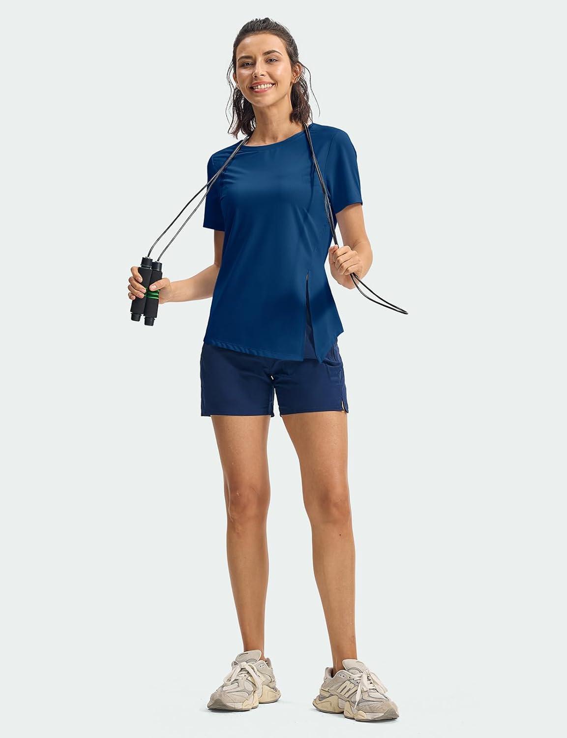 imageTBMPOY Womens Short Sleeve Workout Tops TShirts Breathable Quick Dry UPF 30 Athletic Exercise Tee Shirts with Side SlitsLake Blue