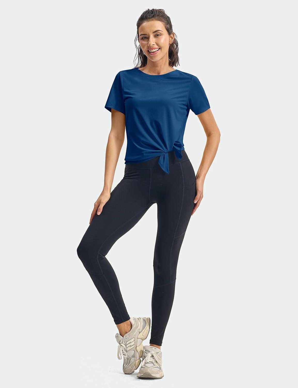 imageTBMPOY Womens Short Sleeve Workout Tops TShirts Breathable Quick Dry UPF 30 Athletic Exercise Tee Shirts with Side SlitsLake Blue