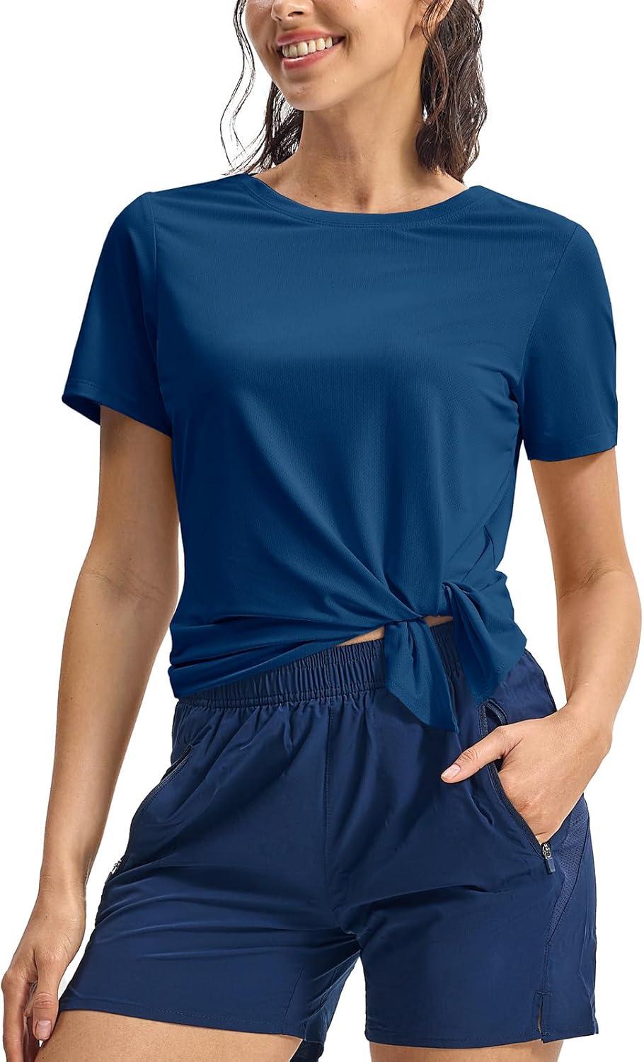 imageTBMPOY Womens Short Sleeve Workout Tops TShirts Breathable Quick Dry UPF 30 Athletic Exercise Tee Shirts with Side SlitsLake Blue
