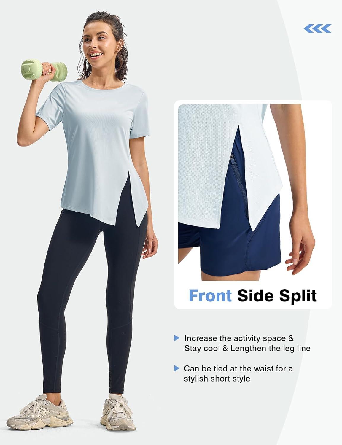 imageTBMPOY Womens Short Sleeve Workout Tops TShirts Breathable Quick Dry UPF 30 Athletic Exercise Tee Shirts with Side SlitsLight Blue
