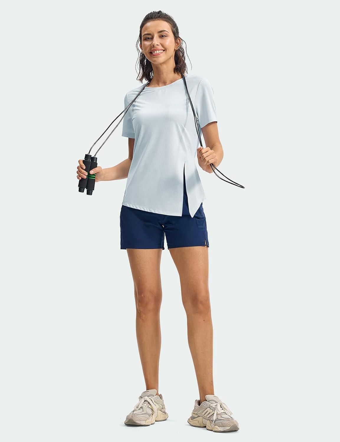 imageTBMPOY Womens Short Sleeve Workout Tops TShirts Breathable Quick Dry UPF 30 Athletic Exercise Tee Shirts with Side SlitsLight Blue