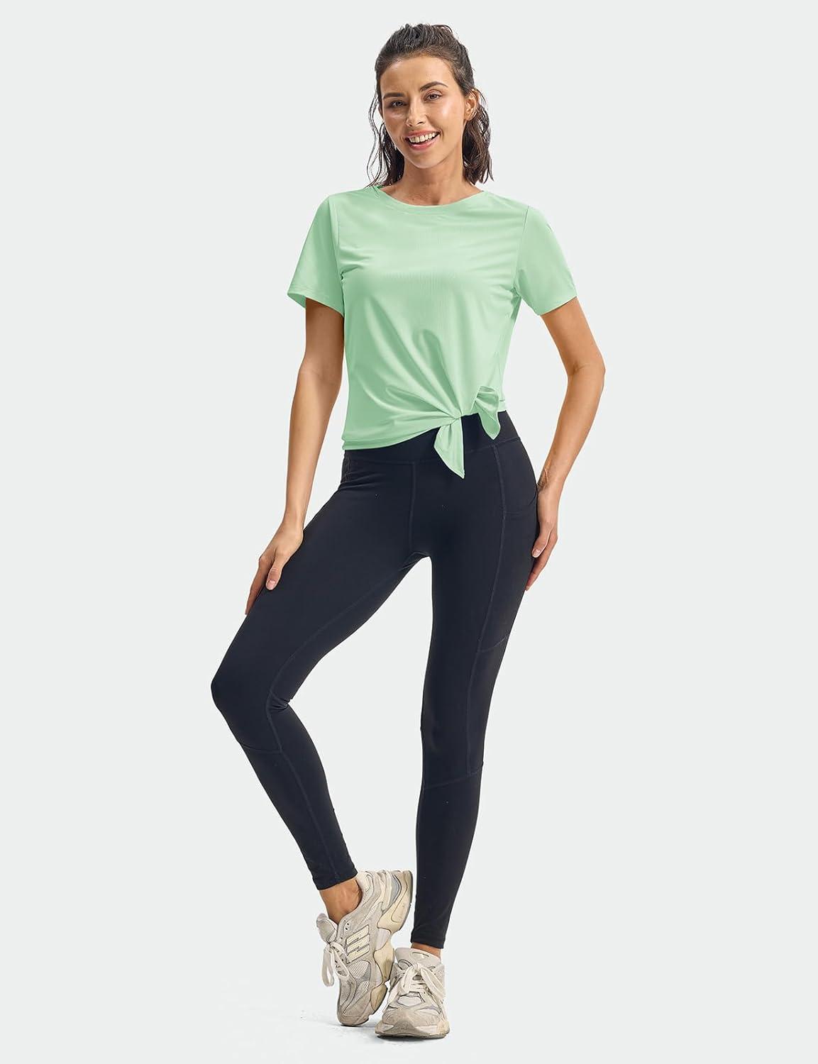 imageTBMPOY Womens Short Sleeve Workout Tops TShirts Breathable Quick Dry UPF 30 Athletic Exercise Tee Shirts with Side SlitsLight Green