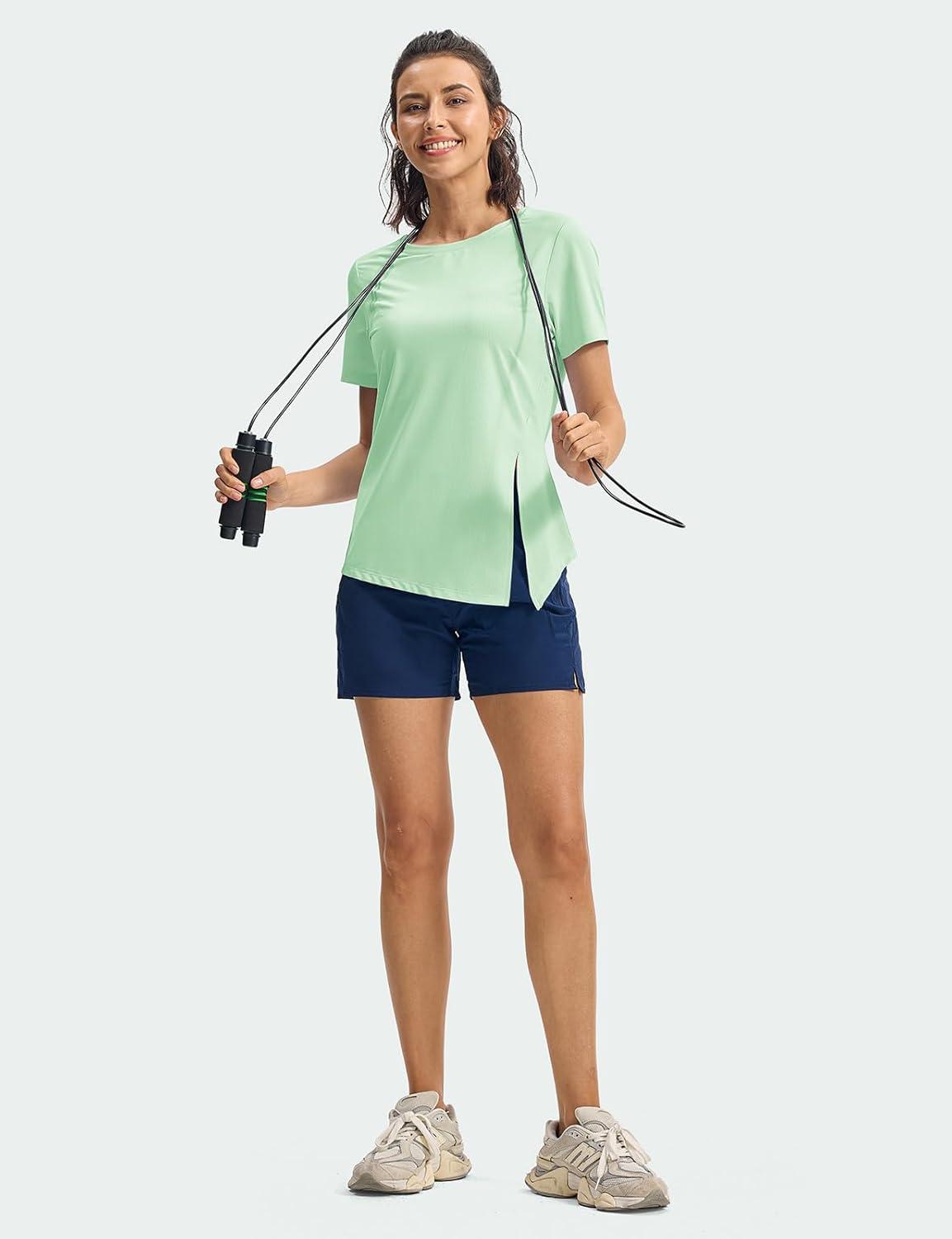 imageTBMPOY Womens Short Sleeve Workout Tops TShirts Breathable Quick Dry UPF 30 Athletic Exercise Tee Shirts with Side SlitsLight Green