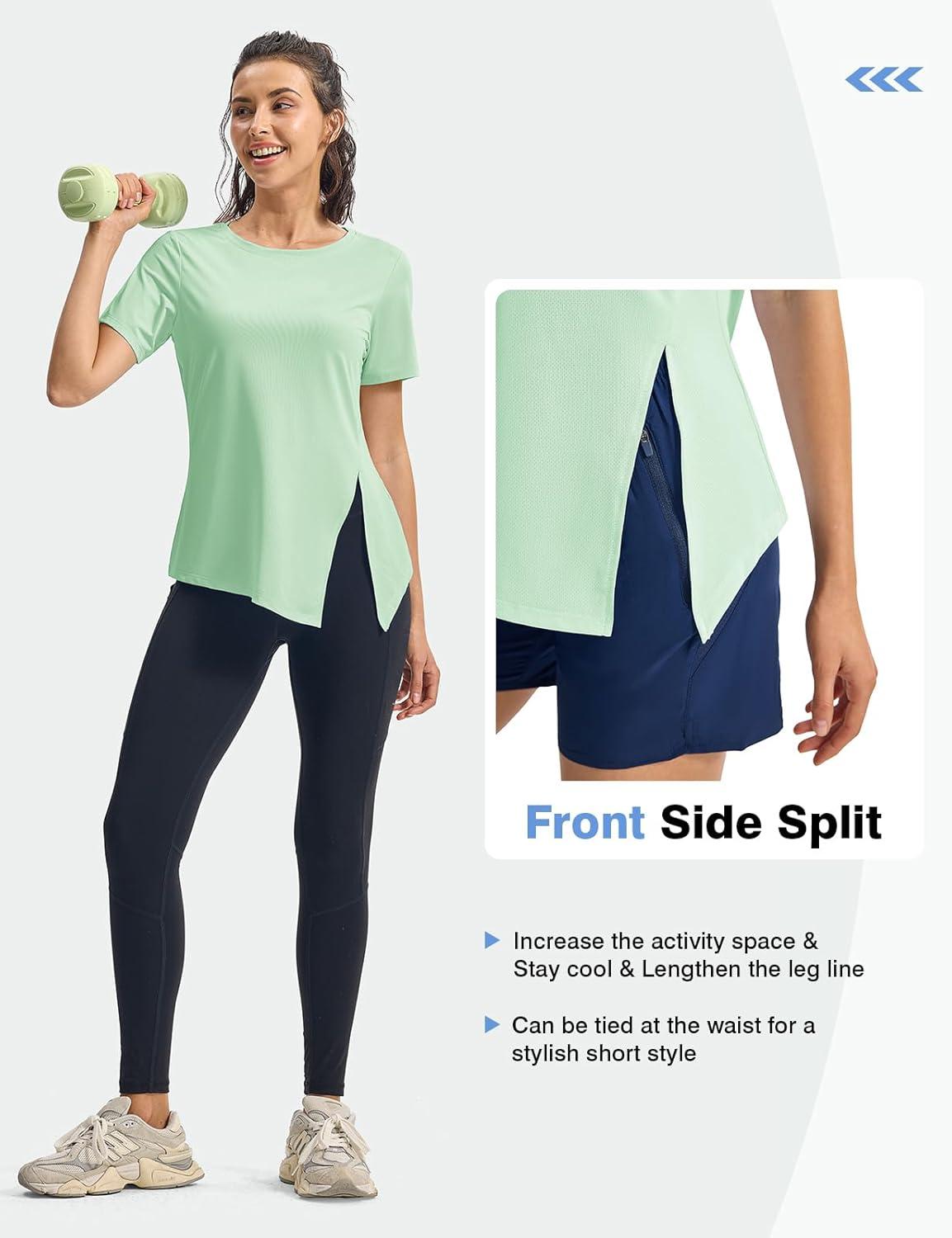 imageTBMPOY Womens Short Sleeve Workout Tops TShirts Breathable Quick Dry UPF 30 Athletic Exercise Tee Shirts with Side SlitsLight Green