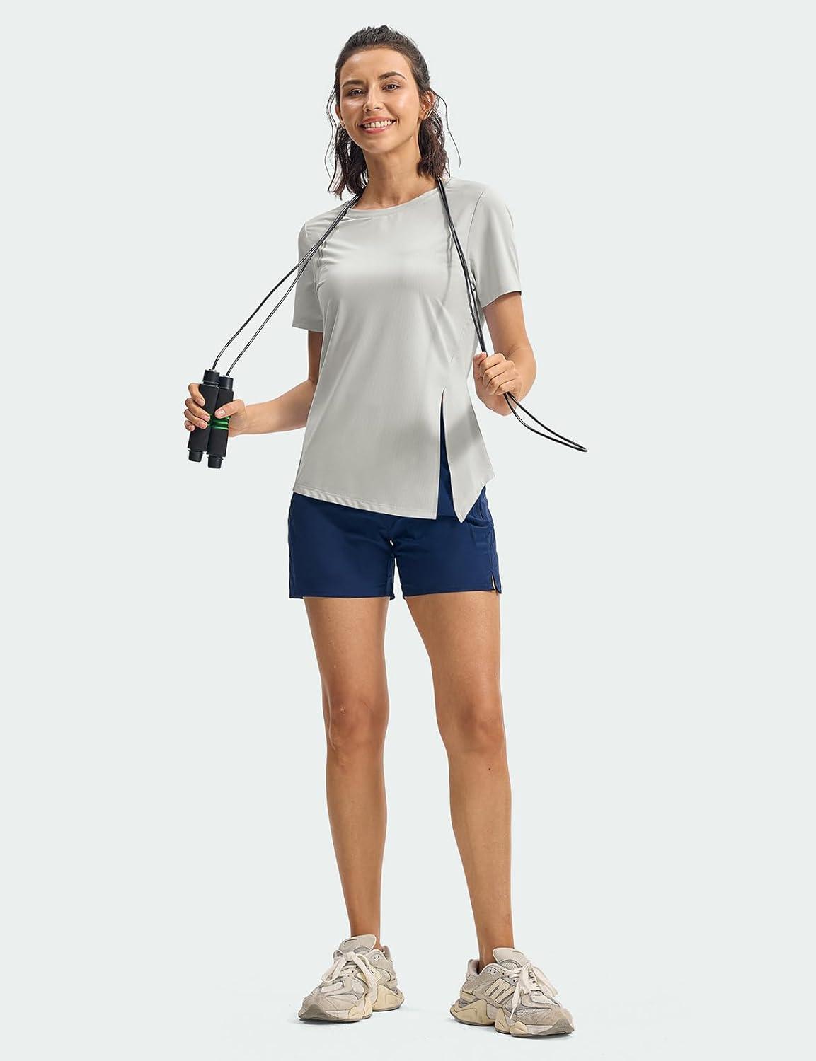 imageTBMPOY Womens Short Sleeve Workout Tops TShirts Breathable Quick Dry UPF 30 Athletic Exercise Tee Shirts with Side SlitsLight Grey