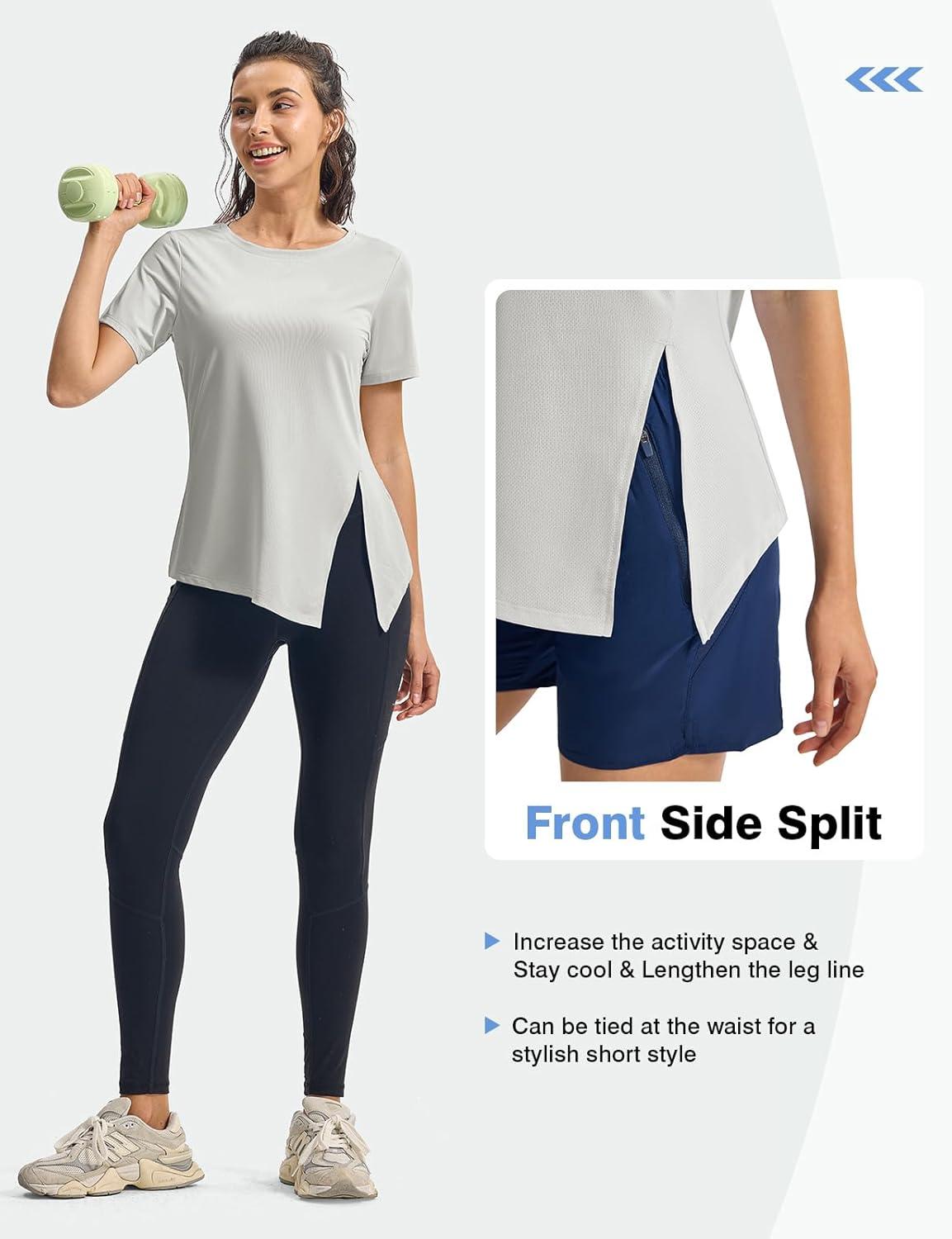 imageTBMPOY Womens Short Sleeve Workout Tops TShirts Breathable Quick Dry UPF 30 Athletic Exercise Tee Shirts with Side SlitsLight Grey