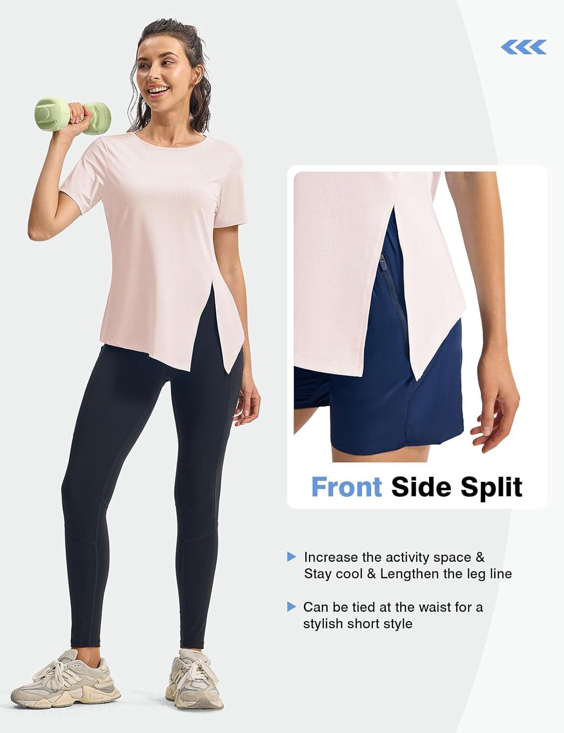 imageTBMPOY Womens Short Sleeve Workout Tops TShirts Breathable Quick Dry UPF 30 Athletic Exercise Tee Shirts with Side SlitsLight Pink