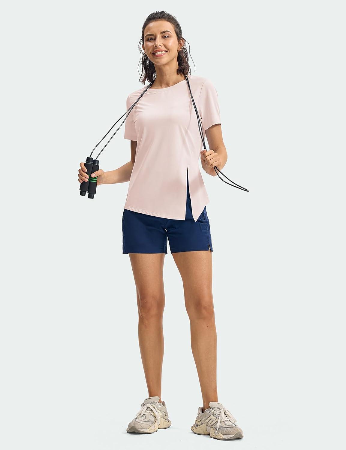 imageTBMPOY Womens Short Sleeve Workout Tops TShirts Breathable Quick Dry UPF 30 Athletic Exercise Tee Shirts with Side SlitsLight Pink