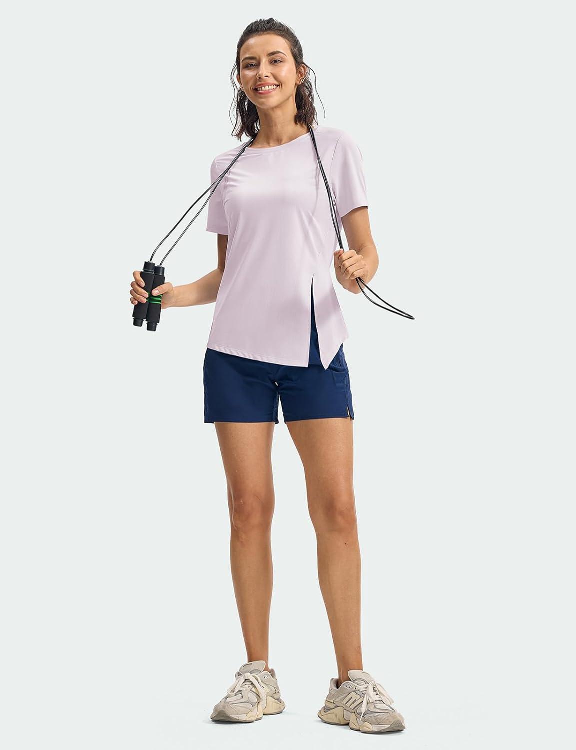 imageTBMPOY Womens Short Sleeve Workout Tops TShirts Breathable Quick Dry UPF 30 Athletic Exercise Tee Shirts with Side SlitsLight Purple