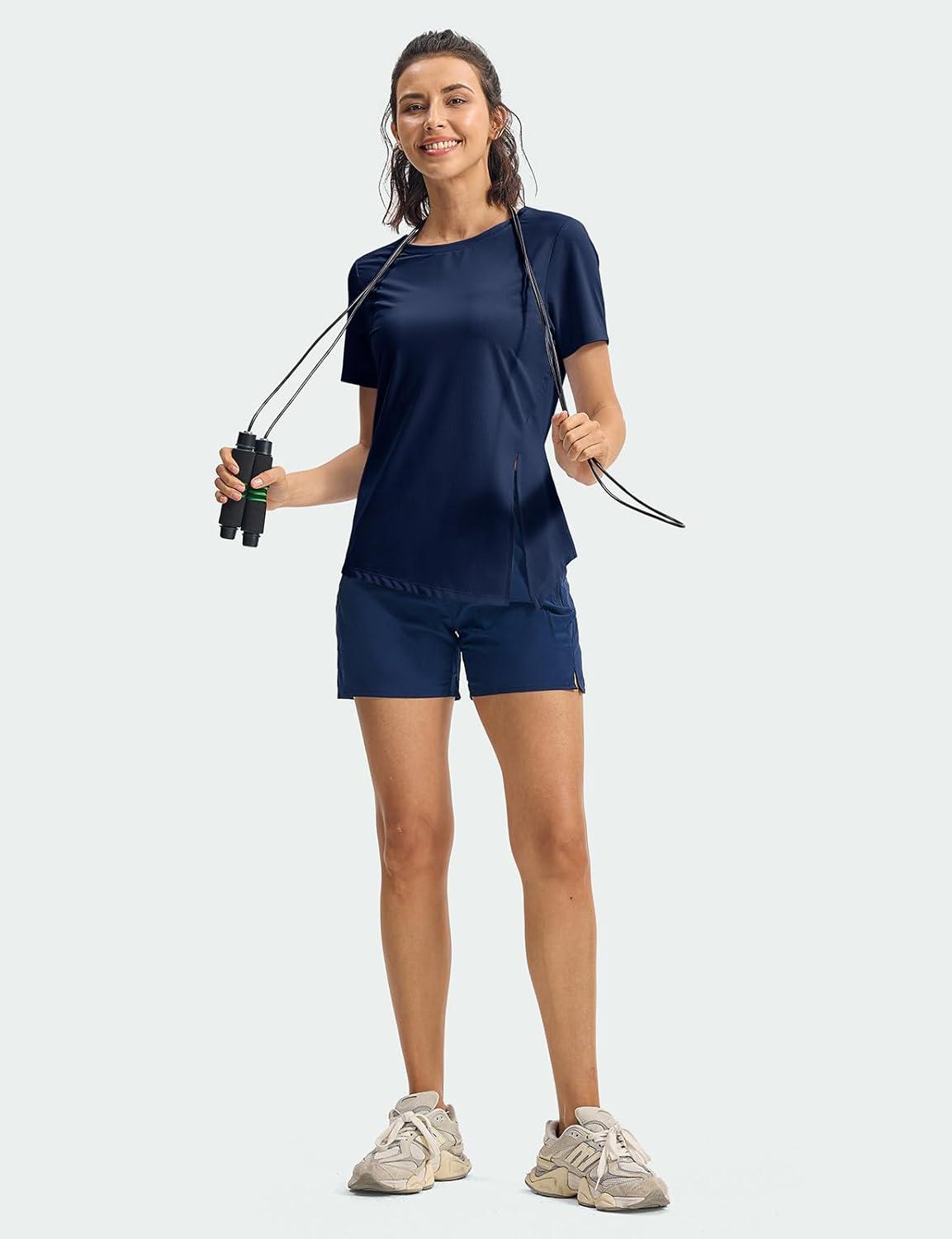 imageTBMPOY Womens Short Sleeve Workout Tops TShirts Breathable Quick Dry UPF 30 Athletic Exercise Tee Shirts with Side SlitsNavy