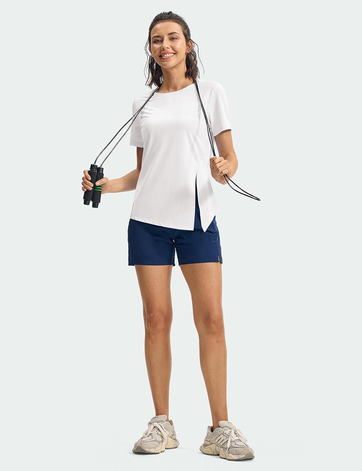 imageTBMPOY Womens Short Sleeve Workout Tops TShirts Breathable Quick Dry UPF 30 Athletic Exercise Tee Shirts with Side SlitsWhite