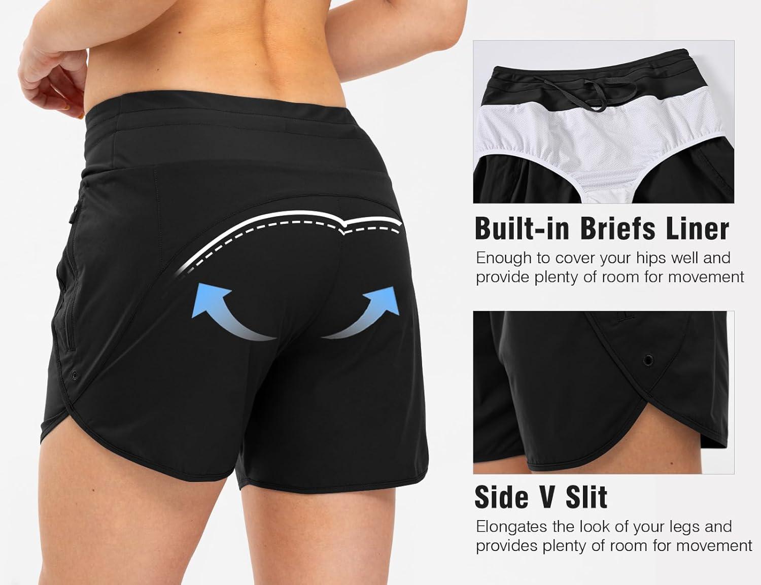 imageTBMPOY Womens Swim Board Shorts with Zipper Pockets 5 High Waisted Bathing Suit Swimwear Quick Dry Beach ShortBlack