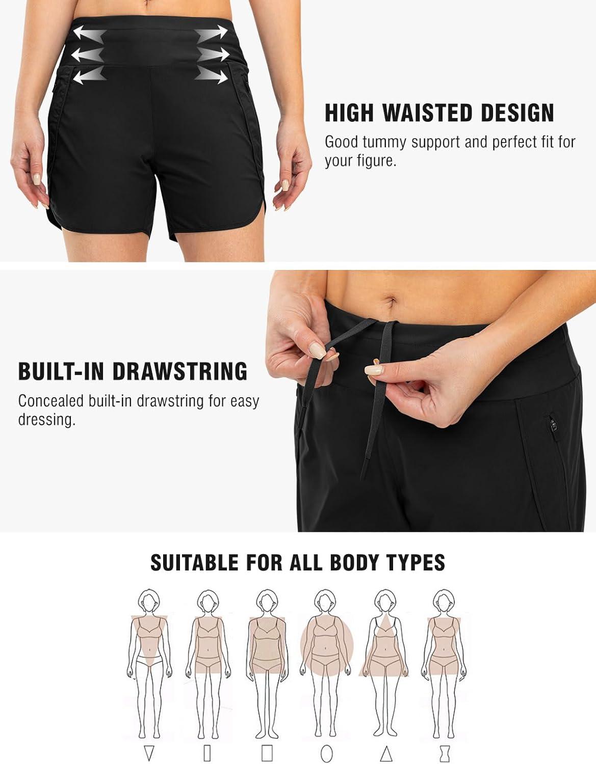 imageTBMPOY Womens Swim Board Shorts with Zipper Pockets 5 High Waisted Bathing Suit Swimwear Quick Dry Beach ShortBlack