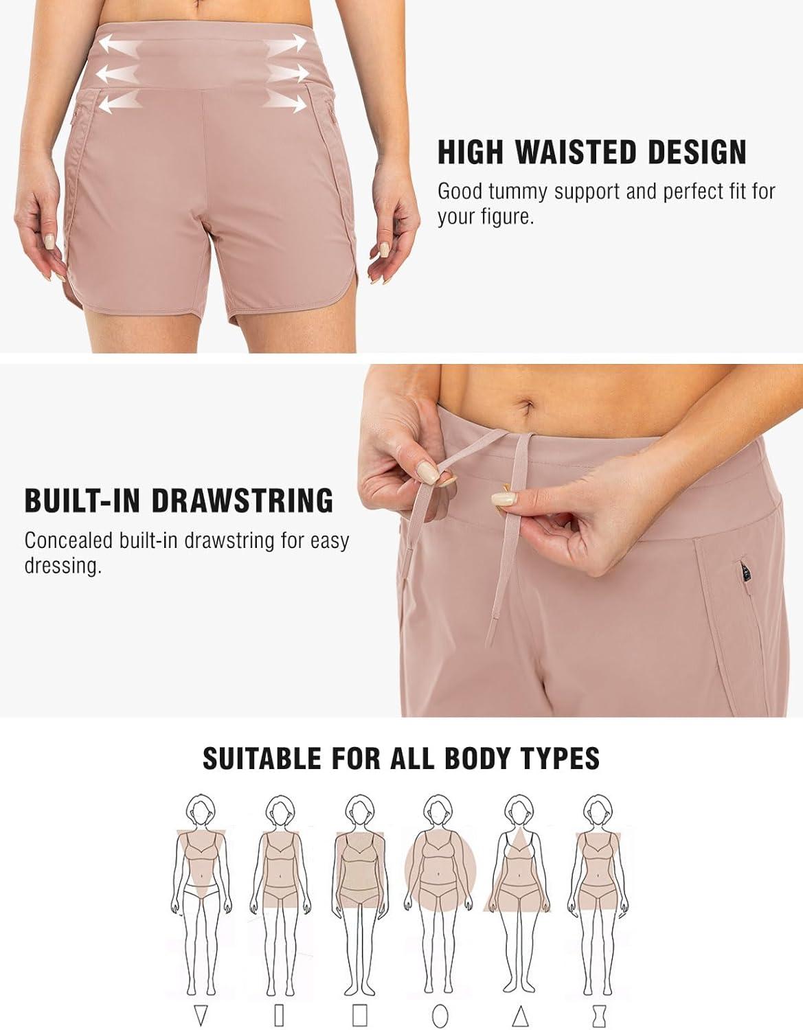 imageTBMPOY Womens Swim Board Shorts with Zipper Pockets 5 High Waisted Bathing Suit Swimwear Quick Dry Beach ShortLight Pink