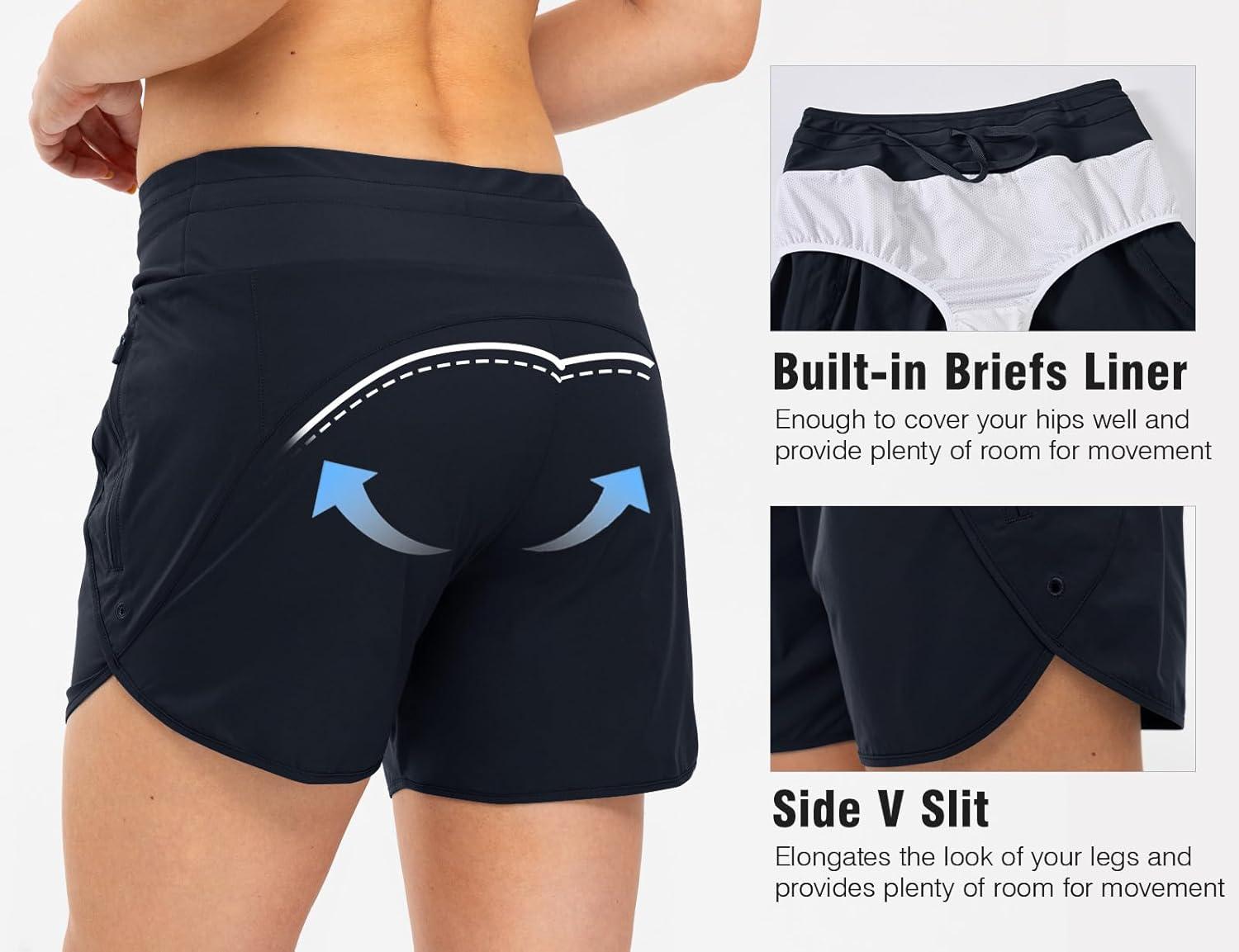 imageTBMPOY Womens Swim Board Shorts with Zipper Pockets 5 High Waisted Bathing Suit Swimwear Quick Dry Beach ShortNavy