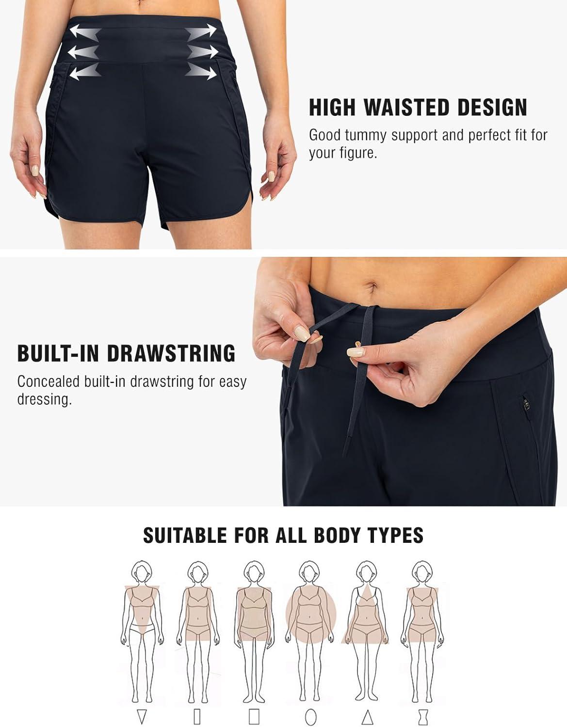 imageTBMPOY Womens Swim Board Shorts with Zipper Pockets 5 High Waisted Bathing Suit Swimwear Quick Dry Beach ShortNavy