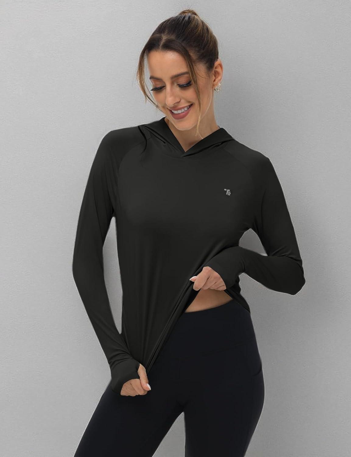 imageTBMPOY Womens UPF 50 Sun Protection Hoodie Shirt Long Sleeve Fishing Hiking Outdoor UV Shirt Lightweight1 Pocketblack