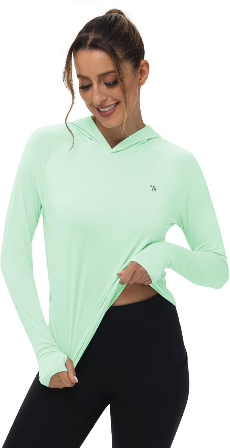 imageTBMPOY Womens UPF 50 Sun Protection Hoodie Shirt Long Sleeve Fishing Hiking Outdoor UV Shirt Lightweight1 Pocketgreen