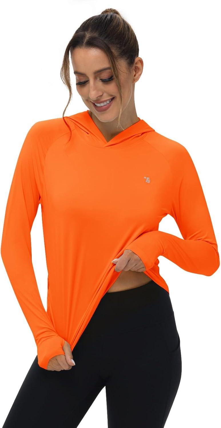 imageTBMPOY Womens UPF 50 Sun Protection Hoodie Shirt Long Sleeve Fishing Hiking Outdoor UV Shirt Lightweight1 Pocketorange