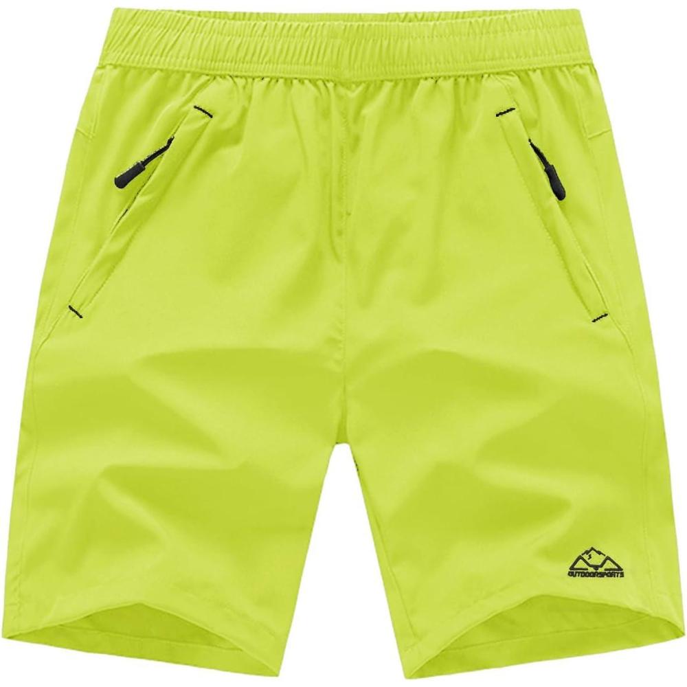 imageTBMPOY Mens 7quot Running Hiking Shorts Quick Dry Athletic Gym Outdoor Sports Workout Short 3 Zipper PocketsA25fluorescent Green