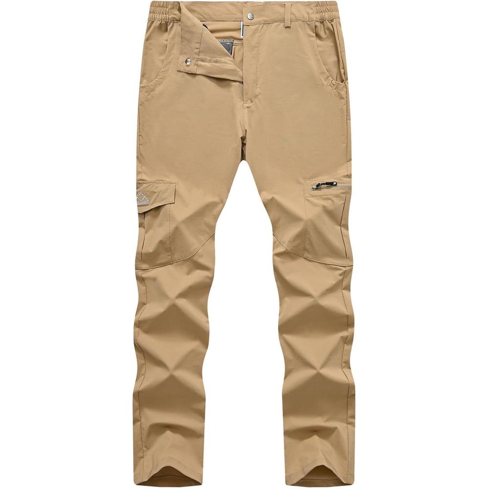 imageTBMPOY Mens Hiking Pants Lightweight 6 Cargo Pockets Quick Dry Water Resistant Outdoor Travel Work FishingKhaki