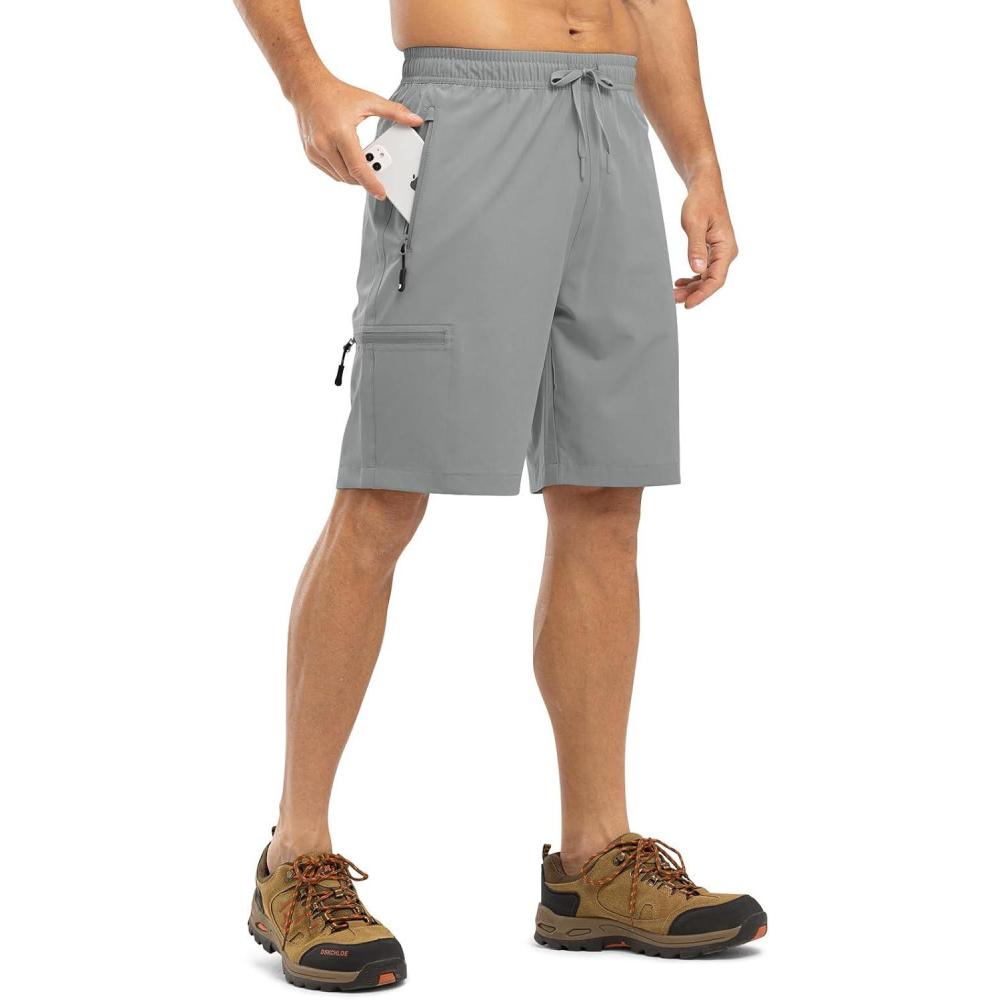 imageTBMPOY Mens Hiking Shorts with 5 Zip Pockets 9 Lightweight Outdoor Work Athletic Travel Short for Men Casual RunningLight Grey