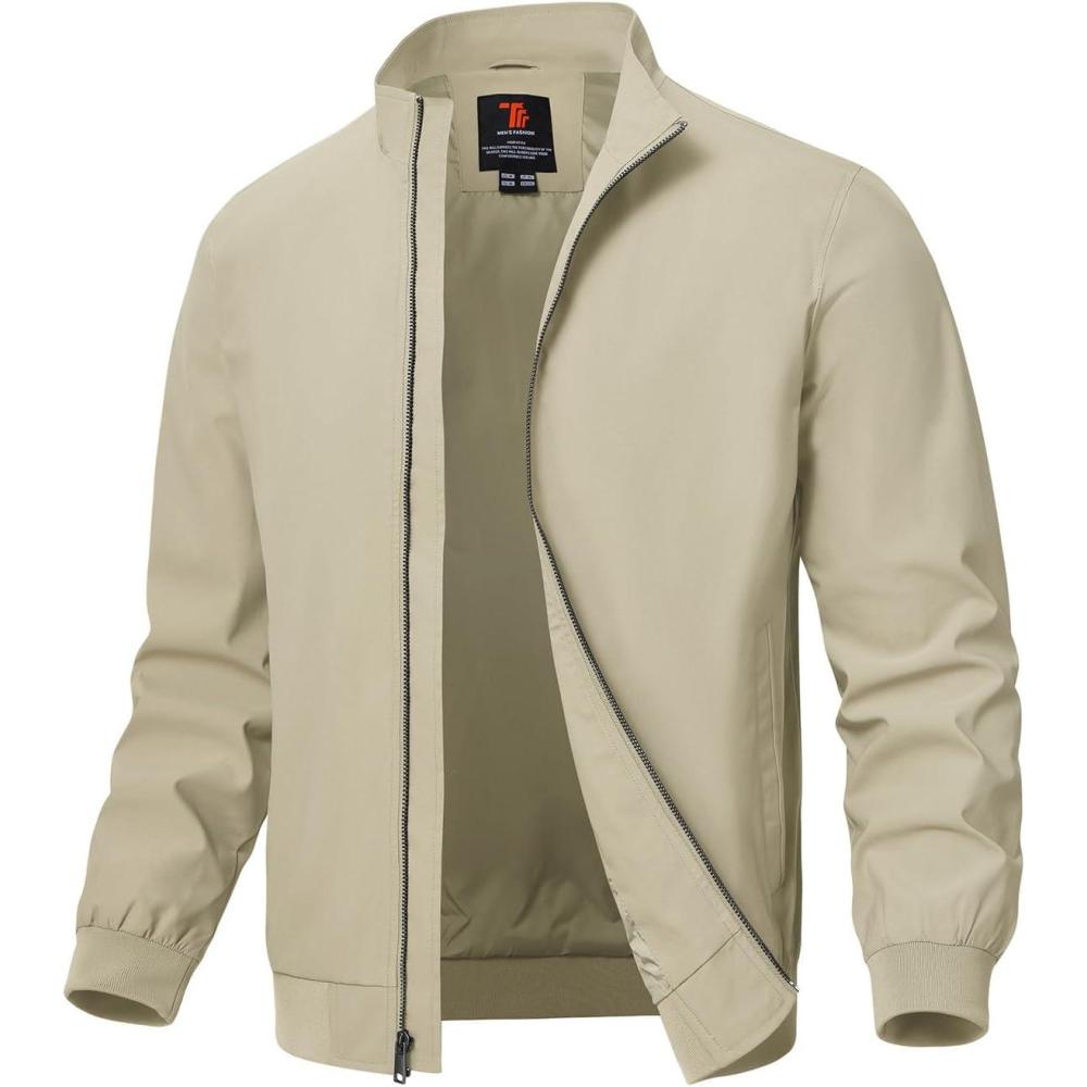 imageTBMPOY Mens Light Jackets Waterproof Bomber Work Jacket Causal Windbreaker Full Zip Golf Dress Outwear CoatsBeige02 Style