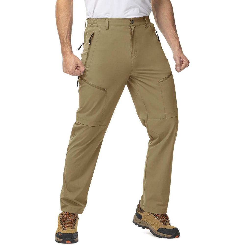 imageTBMPOY Mens Lightweight Hiking Travel Pants 5 Zip Pockets Stretch Quick Dry Work Pant Cargo Outdoor Camping FishingKhaki