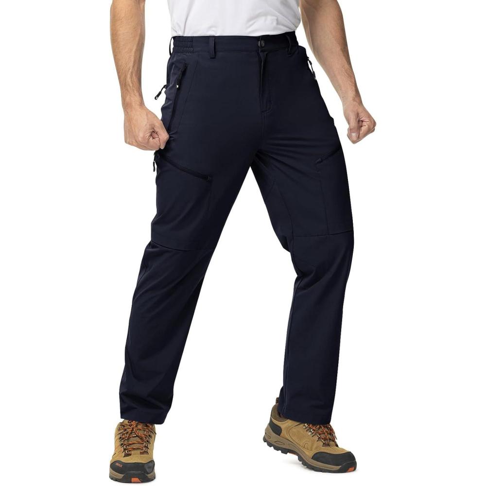imageTBMPOY Mens Lightweight Hiking Travel Pants 5 Zip Pockets Stretch Quick Dry Work Pant Cargo Outdoor Camping FishingNavy
