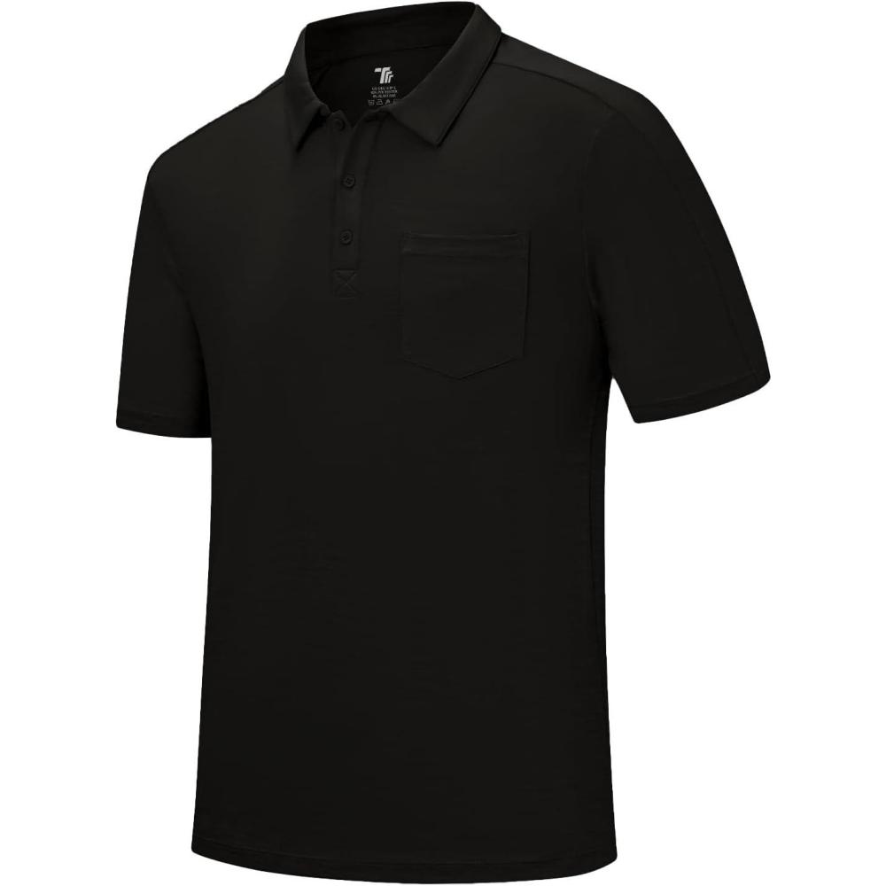 imageTBMPOY Mens Polo Shirts Short Sleeves with Pocket Lightweight Quick Dry Outdoor Casual Work Golf Sports ShirtBlack