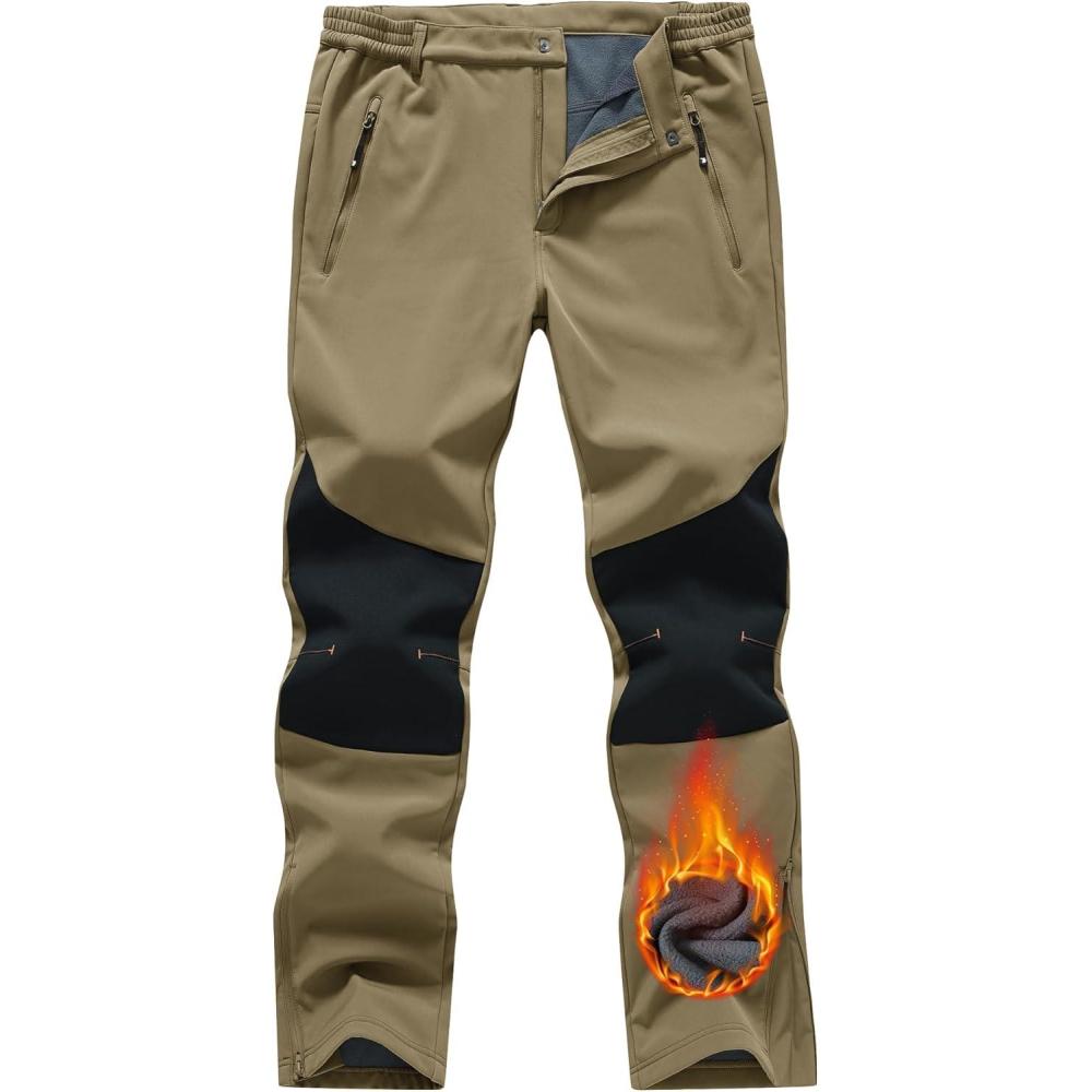 imageTBMPOY Mens Ski Snow Pants Waterproof Fleece Lined Insulated Softshell Snowboard Hiking Outdoor Zippers Bottom Leg3khaki