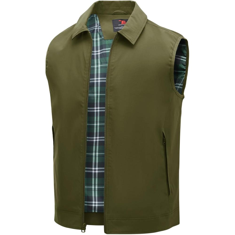 imageTBMPOY Mens Vest Casual Lightweight Thin Utility 3 Zip Pockets Stylish Sleeveless Jackets Summer Fall Golf Travel BusinessArmy Green