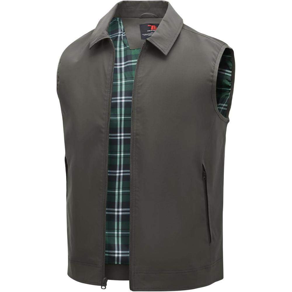 imageTBMPOY Mens Vest Casual Lightweight Thin Utility 3 Zip Pockets Stylish Sleeveless Jackets Summer Fall Golf Travel BusinessDeep Grey