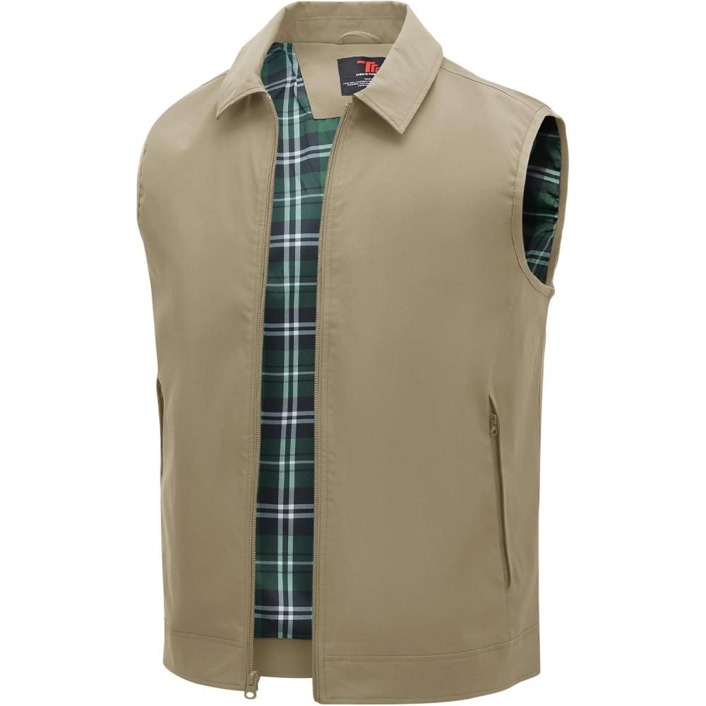imageTBMPOY Mens Vest Casual Lightweight Thin Utility 3 Zip Pockets Stylish Sleeveless Jackets Summer Fall Golf Travel BusinessKhaki