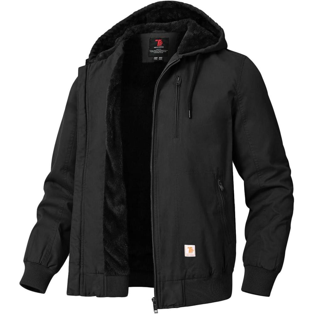 imageTBMPOY Mens Winter Jackets Hooded Work Cotton FLeece Lined Duck Coats Flannel Active Workwear CoatBlack