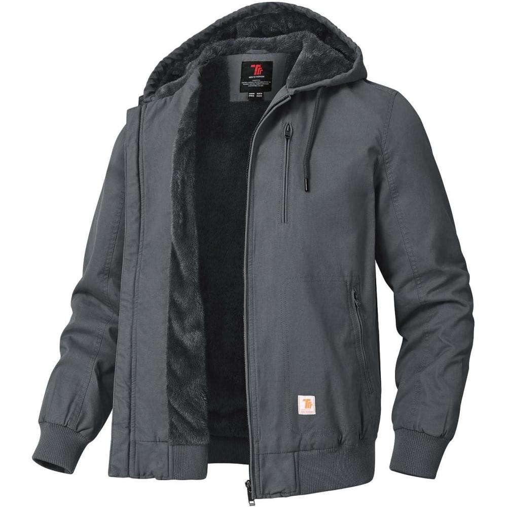 imageTBMPOY Mens Winter Jackets Hooded Work Cotton FLeece Lined Duck Coats Flannel Active Workwear CoatDark Grey