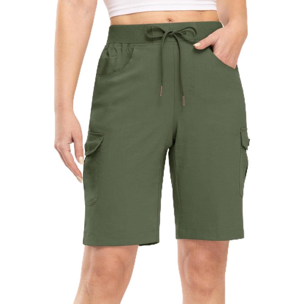 imageTBMPOY Womens 10quot Hiking Cargo Shorts Lightweight Quick Dry Bermuda Loose Outdoor Casual 5 Pockets for Summer Golf TravelArmy Green