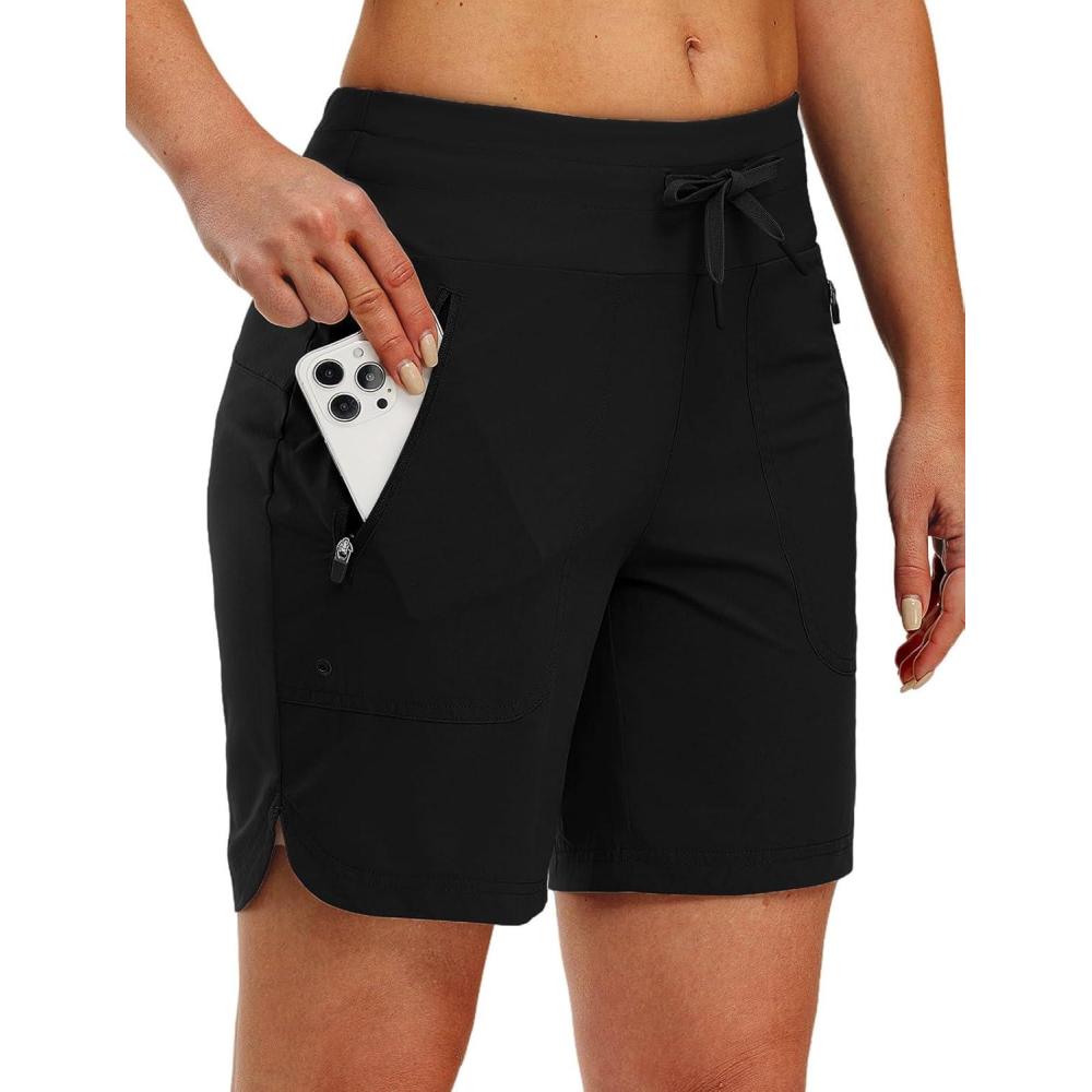 imageTBMPOY Womens Board Shorts 7quot High Waisted Swim Beach Quick Dry Shorts with Zipper Pockets Water Liner Bathing BottomBlack