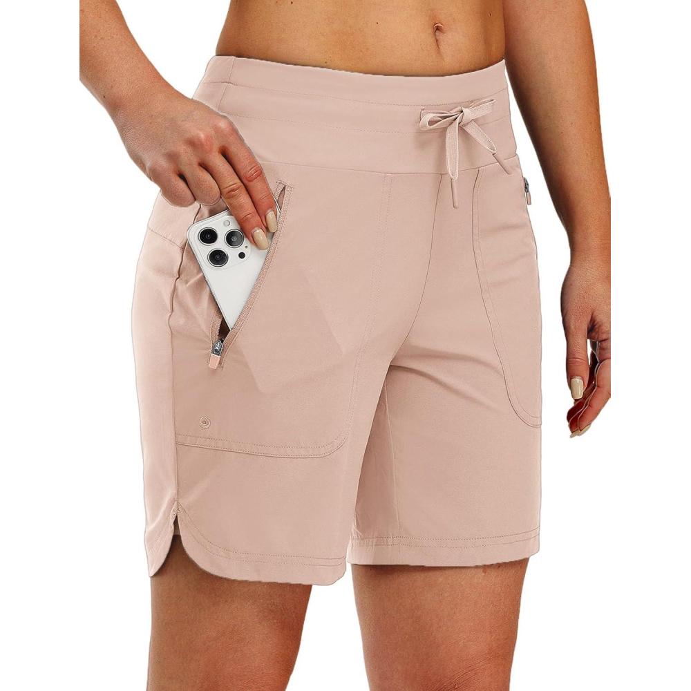 imageTBMPOY Womens Board Shorts 7quot High Waisted Swim Beach Quick Dry Shorts with Zipper Pockets Water Liner Bathing BottomLight Pink