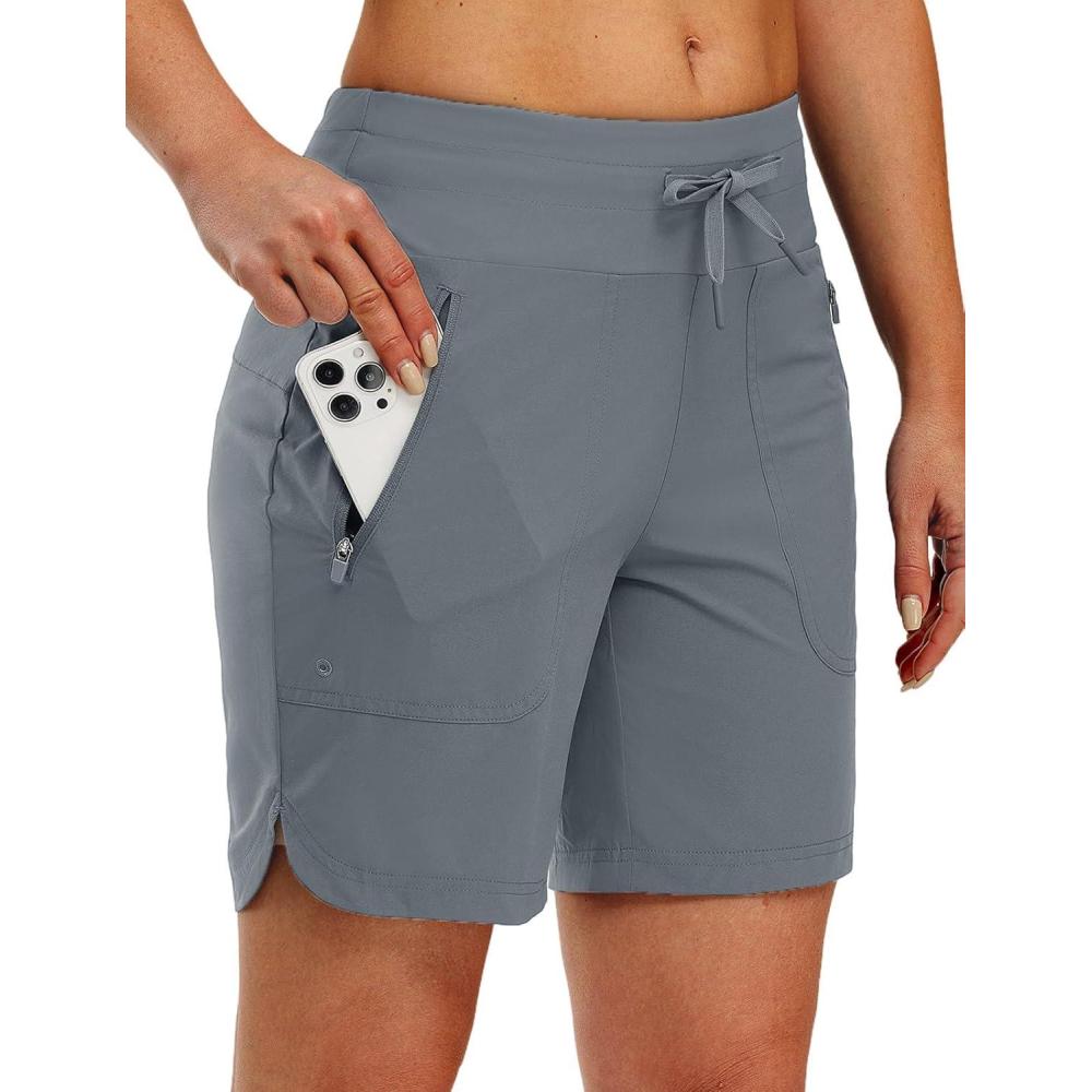 imageTBMPOY Womens Board Shorts 7quot High Waisted Swim Beach Quick Dry Shorts with Zipper Pockets Water Liner Bathing BottomStone Blue