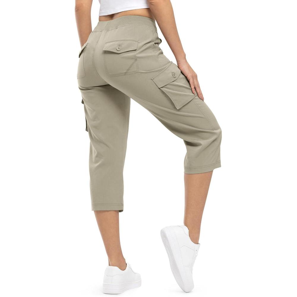 imageTBMPOY Womens Cargo Capris Lightweight Hiking Pants 6 Pockets Quick Dry Casual Outdoor Trip Loose Shorts Cropped CottonGrey Khaki