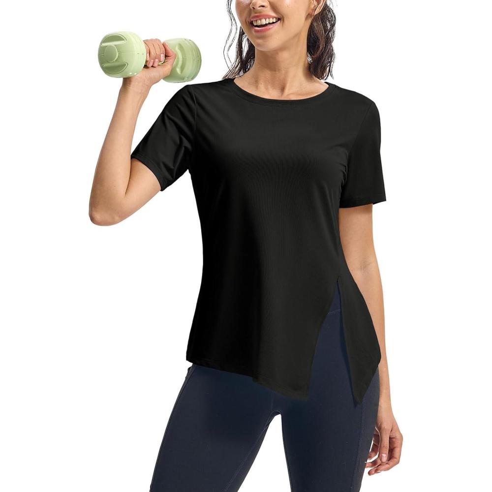 imageTBMPOY Womens Short Sleeve Workout Tops TShirts Breathable Quick Dry UPF 30 Athletic Exercise Tee Shirts with Side SlitsBlack