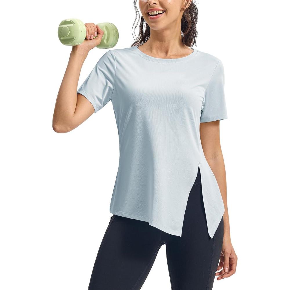 imageTBMPOY Womens Short Sleeve Workout Tops TShirts Breathable Quick Dry UPF 30 Athletic Exercise Tee Shirts with Side SlitsLight Blue