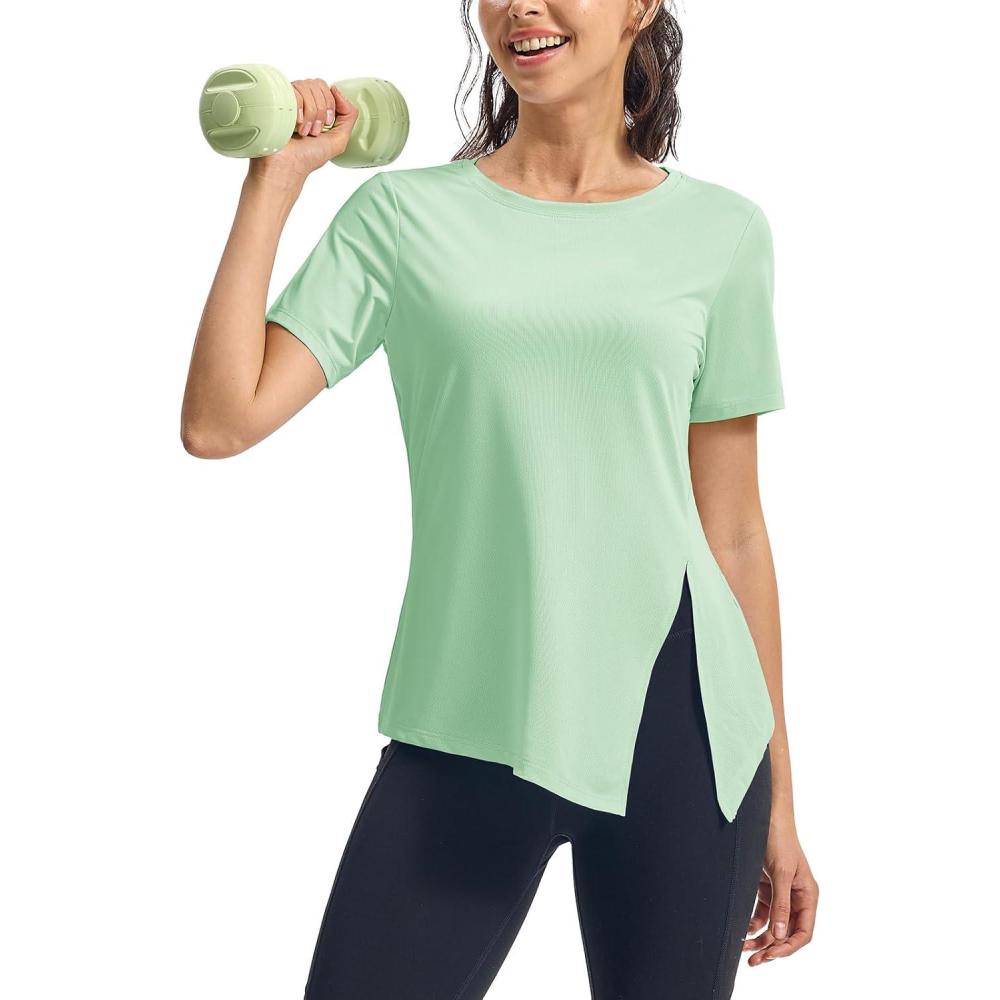 imageTBMPOY Womens Short Sleeve Workout Tops TShirts Breathable Quick Dry UPF 30 Athletic Exercise Tee Shirts with Side SlitsLight Green