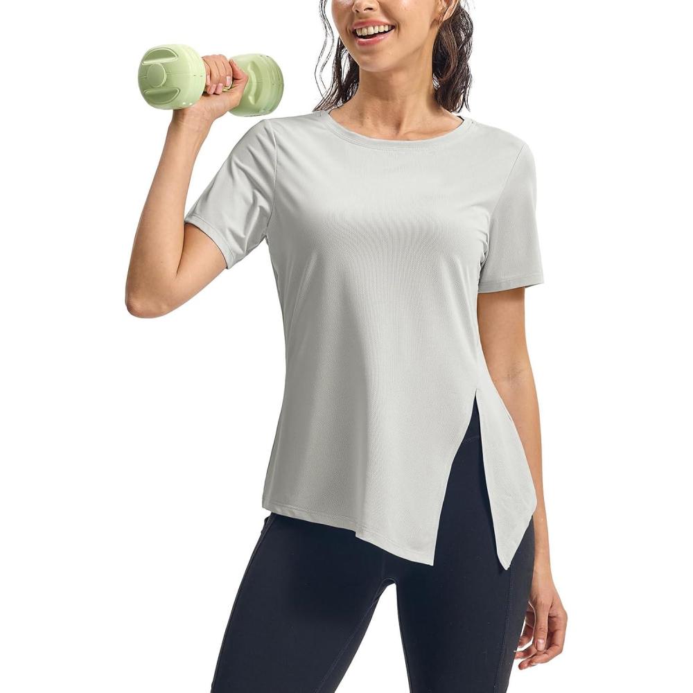 imageTBMPOY Womens Short Sleeve Workout Tops TShirts Breathable Quick Dry UPF 30 Athletic Exercise Tee Shirts with Side SlitsLight Grey